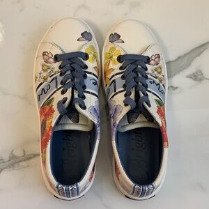 Brighton Grove Women’s Leather Sneakers White Floral Lace-Up with Blue Laces